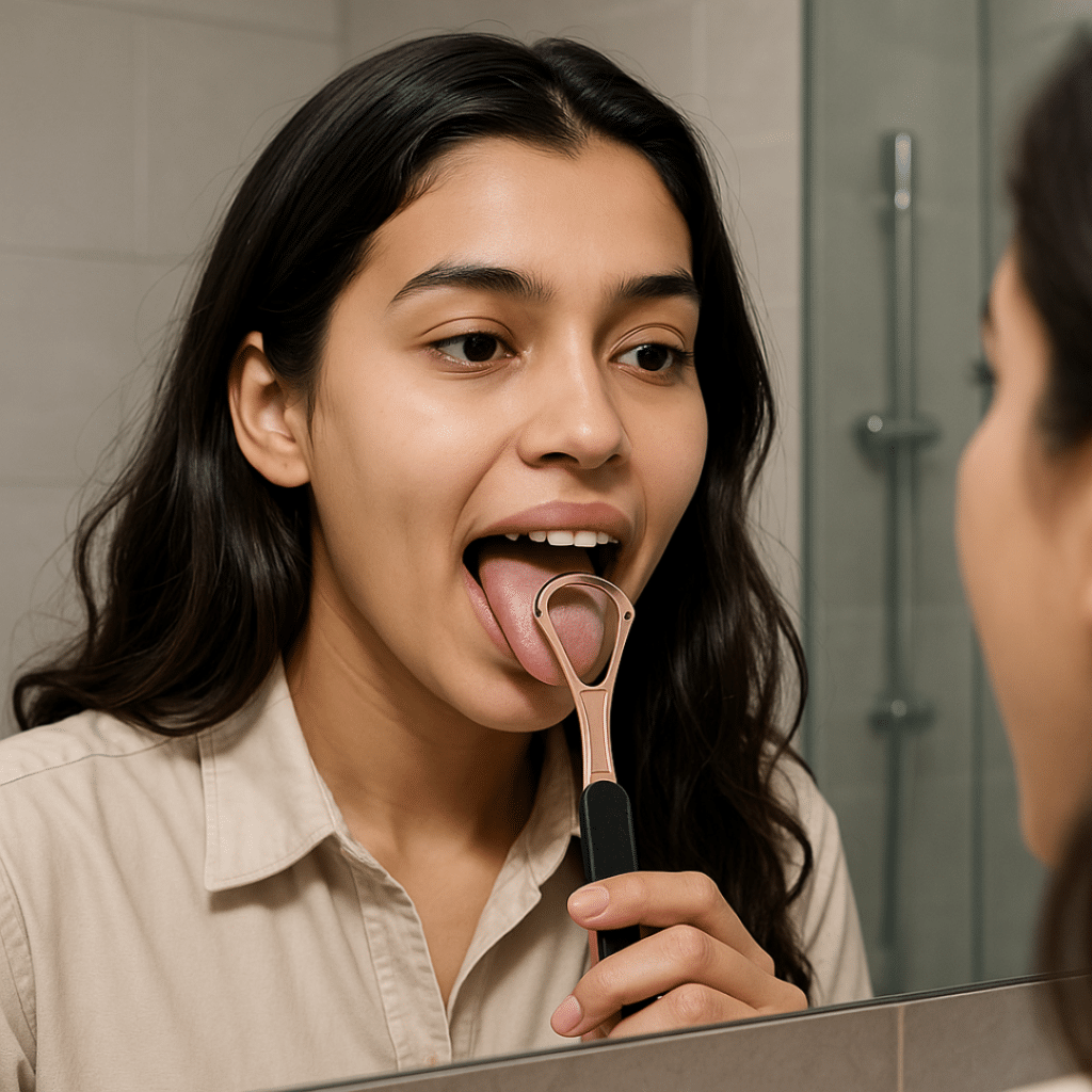 model is using tongue scraper
